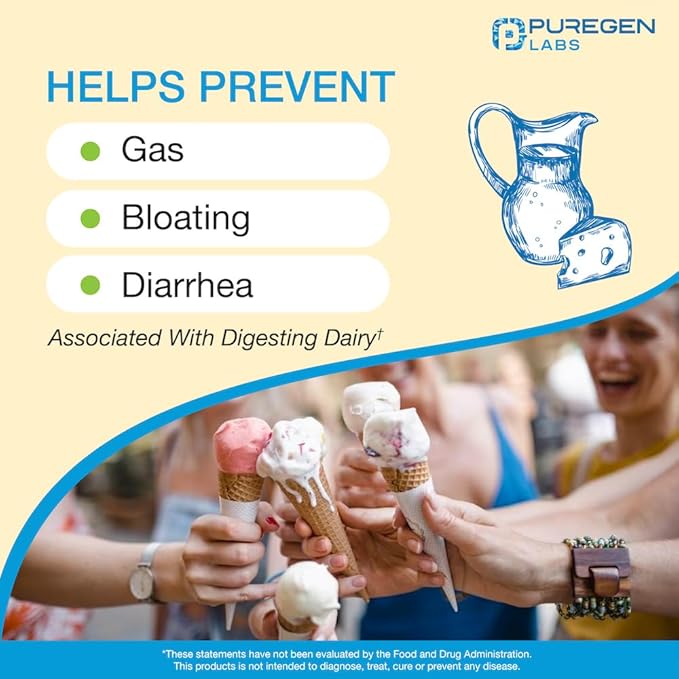 Puregen Labs Dairy Relief Natural Fast Acting Lactase Enzyme 3000 FCC, Lactose Intolerance Pills | 2 Pack - 180 Caplets Total