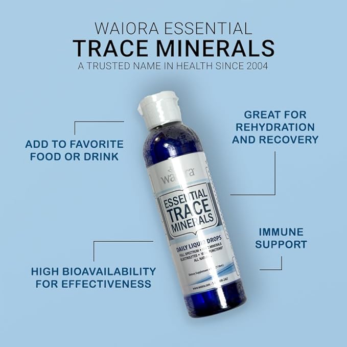 Waiora Essential Trace Minerals | Help Replenish Lost/Depleted Mineral | 60+ Ionic Trace Minerals | Support Body’s Vital Functions, pH Balance | Plus Electrolytes for Hydration (2 Bott / 96 serv)