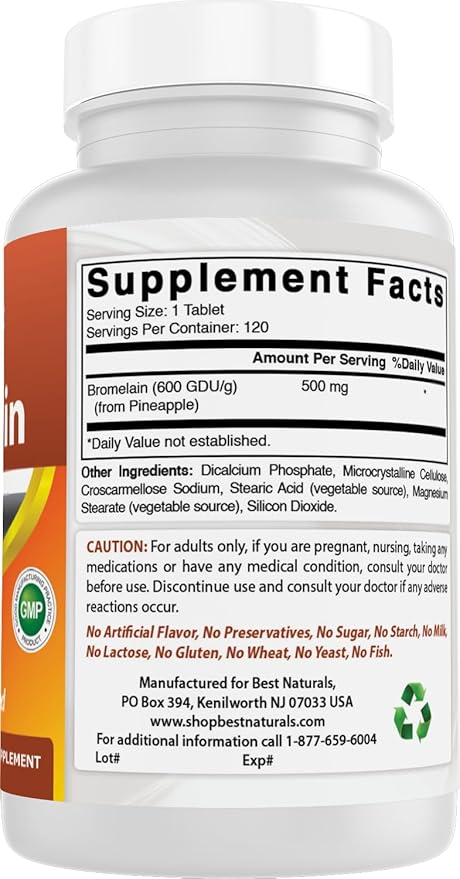 Best Naturals Bromelain Proteolytic Digestive Enzymes Supplements, 500 mg, 120 Tablets - Supports Healthy Digestion, Joint Health, Nutrient Absorption