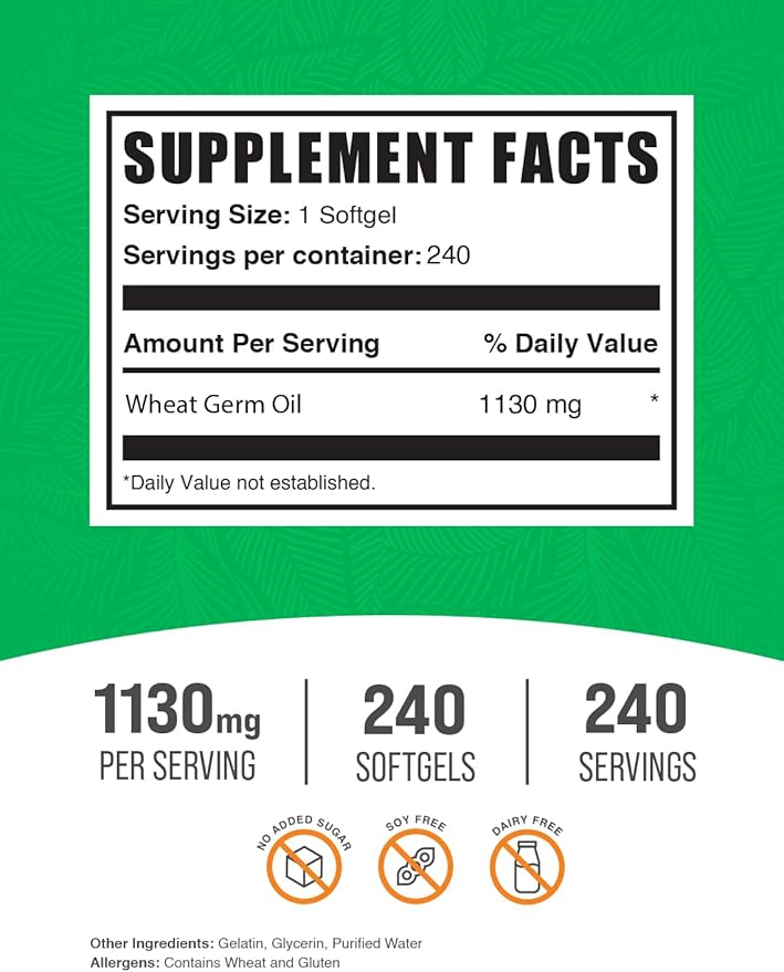 BulkSupplements.com Wheat Germ Oil Softgels - Wheat Germ Oil Supplement, Wheat Germ Oil 1130mg - Nutritional Supplement & Soy Free, 1 Softgel per Serving, 240 Softgels (Pack of 1)