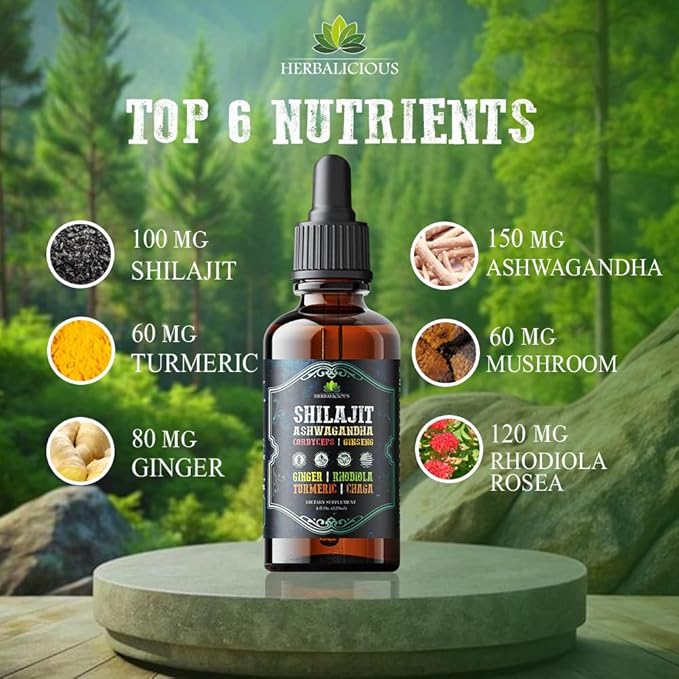 Shilajit Liquid Supplement with Ashwagandha, Cordyceps, Ginseng, Rhodiola, Turmeric, Chaga & Ginger – 8-in-1 Adaptogenic Herbal Drops for Energy, Stress Relief, Focus & Immune Support 4 fl oz