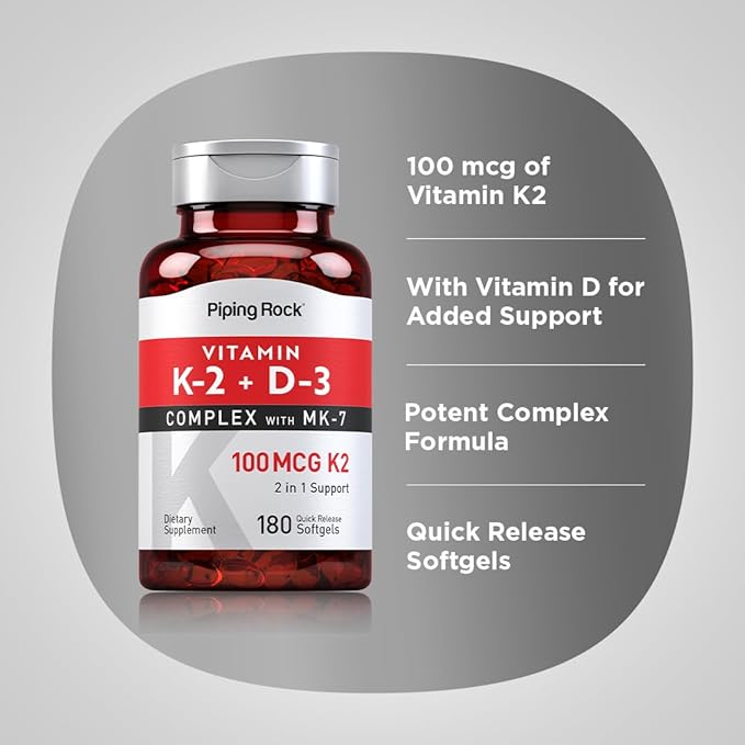 Piping Rock Vitamin K2 D3 Supplement | 100 mcg | 180 Softgels | Complex with MK7 | Non-GMO, Gluten Free