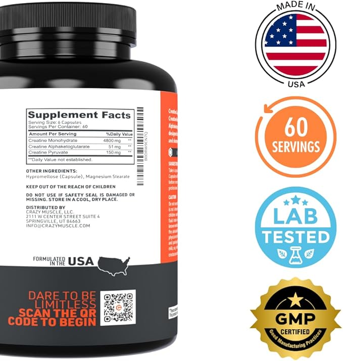 Crazy Muscle Creatine Capsules, 5g of Premium 3X ThreeAtine Pre Workout Bulk Mass Gainer, High Absorption Easy to Take Creatine Monohydrate, Optimum Performance for Men Women, 360 Capsules