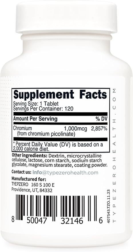 Type Zero Clean Chromium Picolinate Tablets (120 Servings, 1,000 MCG Per Serving) - Non-GMO, Gluten Free