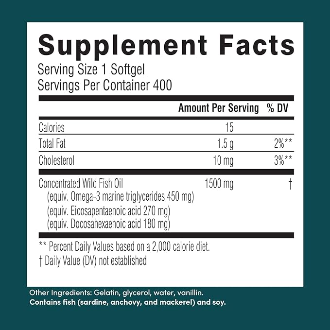 Swisse Wild Fish Oil Omega 3 Supplements for Women and Men | EPA DHA Fish Oil Supplements | Odorless - Helps Support Brain, Eye and Heart Health | High Strength 1500 mg | 400 Softgel Pills
