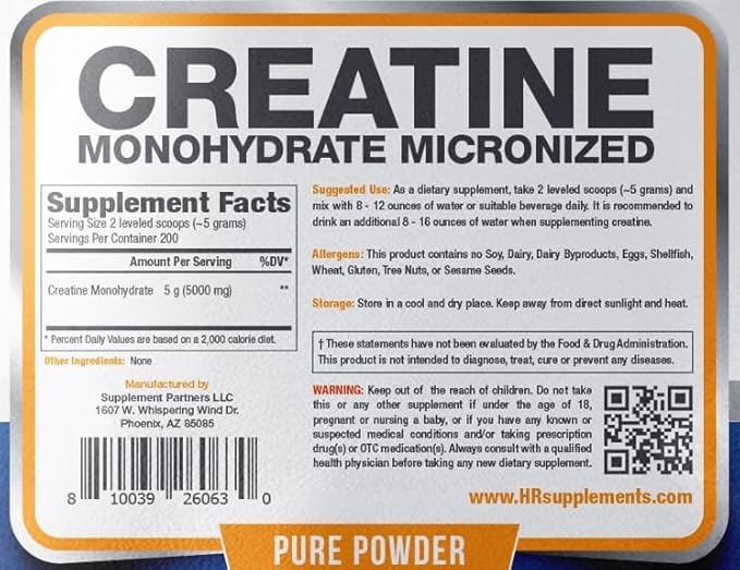 HR Supplements Creatine Monohydrate Micronized Powder, 1 Kilogram (2.2 Lbs)