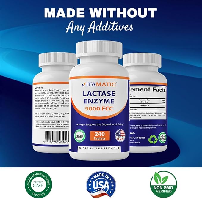 Vitamatic Lactase Enzyme 9000 FCC 240 Tablets - Lactose Intolerance Relief Caplets