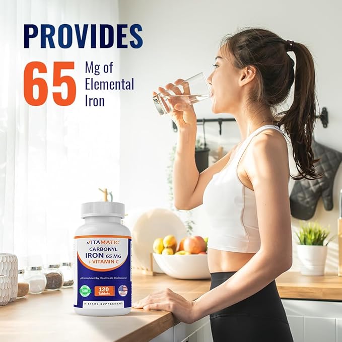 Vitamatic Carbonyl Iron 65 mg with Vitamin C – Gentle Iron Supplement for Energy & Immune Support – High Absorption – 120 Tablets