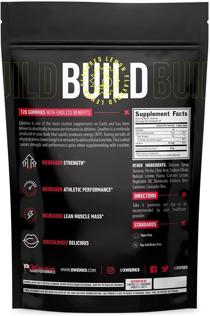 Xwerks Build Creatine Gummies for Men & Women, 120 Count, 100% Pure Creatine Monohydrate, Lemon Flavored Muscle Building Gummy (4g per Serving) Pre Workout Anti-Melting Gummies (5,000mg