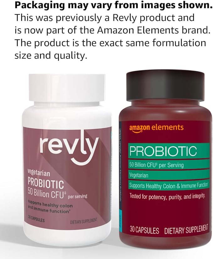 Amazon Elements One Daily Adult Probiotic Blend, Supports Healthy Colon and Immune Function, 50 Billion CFU (2 Strains), 30 Capsules, 1 Month Supply (Packaging May Vary) (Pack of 2)
