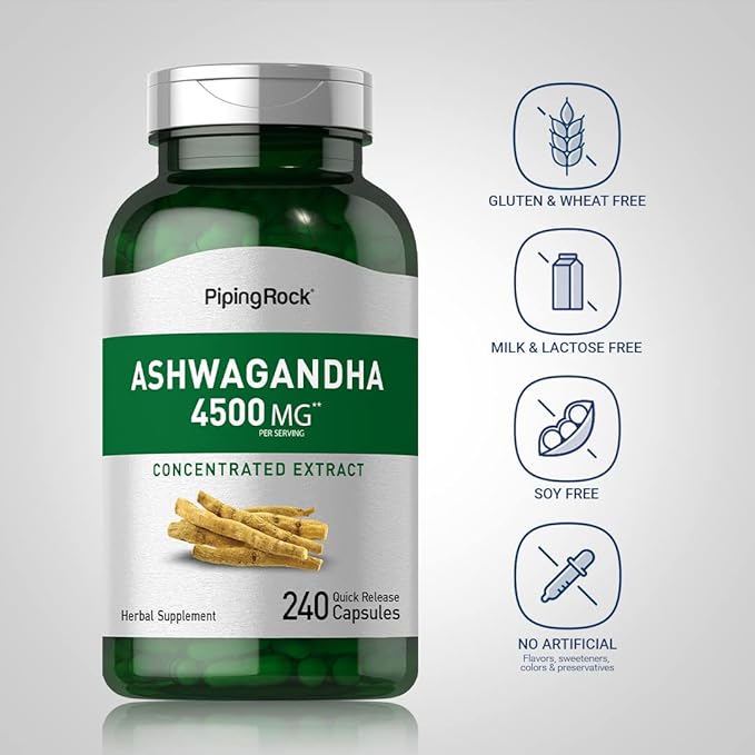 Piping Rock Ashwagandha Supplement 4500mg | 240 Capsules | for Women and Men | Extra Strength Herbal Extract | with Black Pepper | Non-GMO & Gluten Free