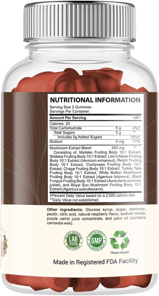Super Mushroom Gummies for Adults, 10X Mushroom Supplement w/Lions Mane, Supports Brain and Immune System Health, No More Pills & Capsules