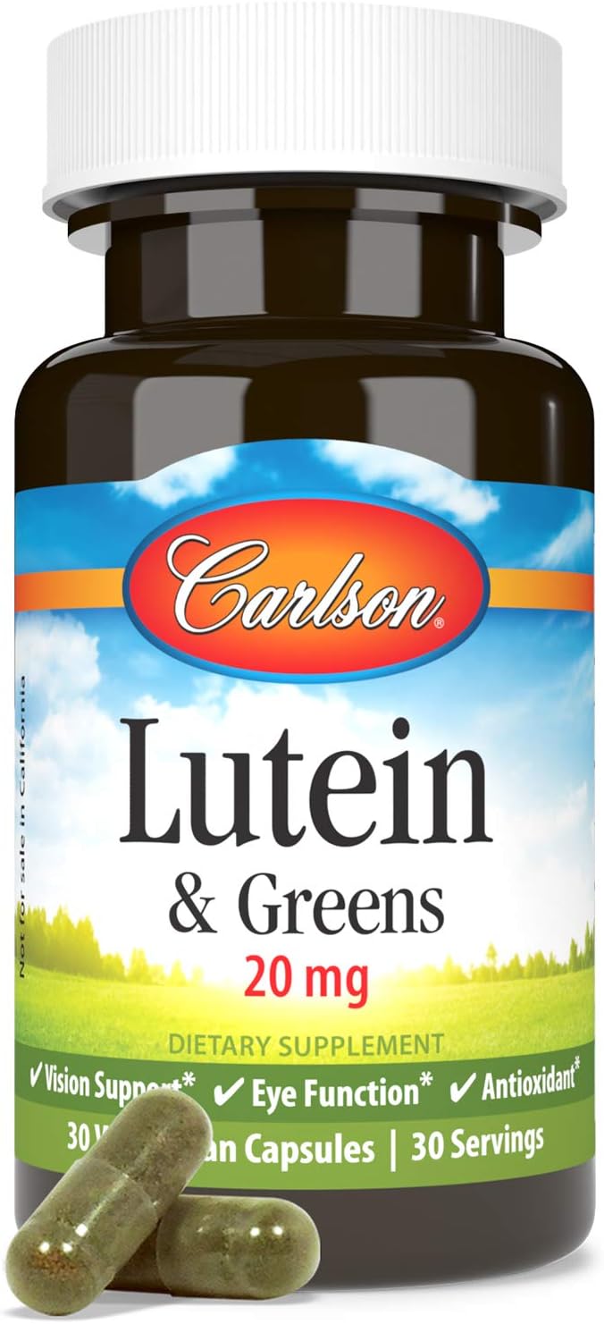 Carlson - Lutein & Greens, 20 mg, Vision Support & Eye Function, Antioxidant, 30 Vegetarian Capsules