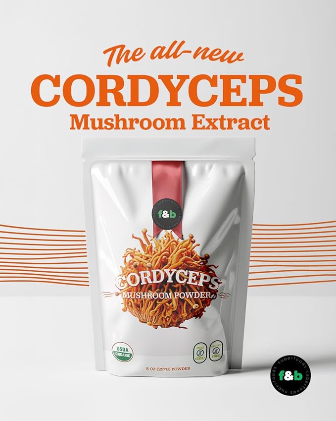 f&b superfoods Organic Cordyceps Mushroom Extract Powder, 8 Ounces | Fruit Body & Mycelium Extract | Active Polysaccharides & Cordycepic Acid | Supports Energy & Immune Health