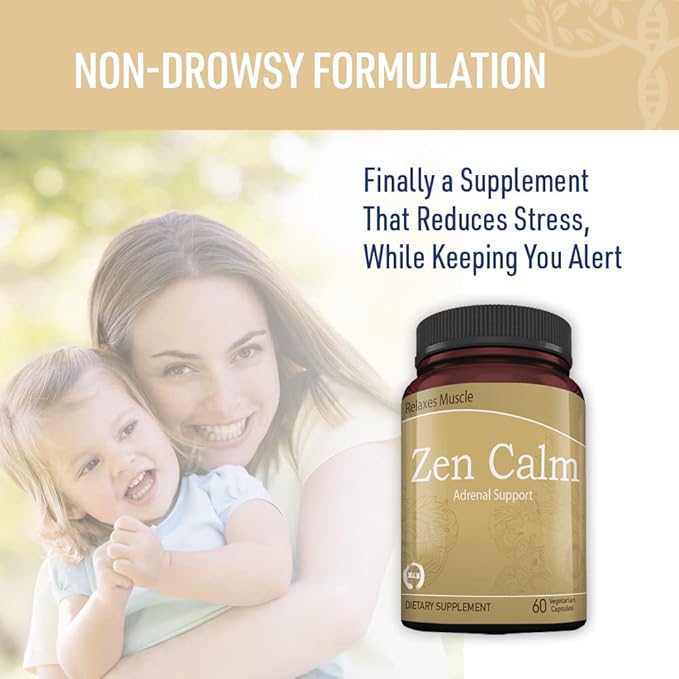 Zen Calm Stress Adrenal Support Supplement Organic Adaptogenic Herbs - Magnesium, B Vitamins, GABA & More to Support a Natural Calm. Non-Drowsy. Non-GMO (60 Veggie Caps)