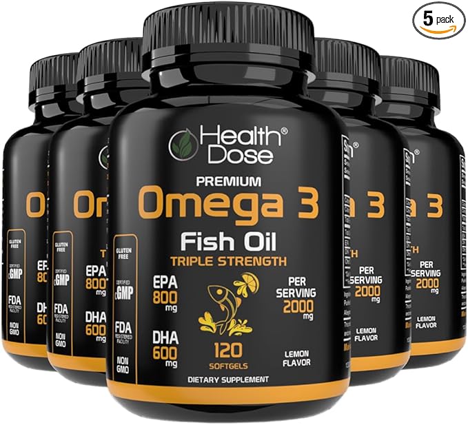 Omega 3 Fish Oil – Lemon-Flavored Softgels with EPA & DHA for Brain, Heart, and Wellness Support – Easy-to-Digest, No Fish Burps – 120 Softgels, Pack of 5