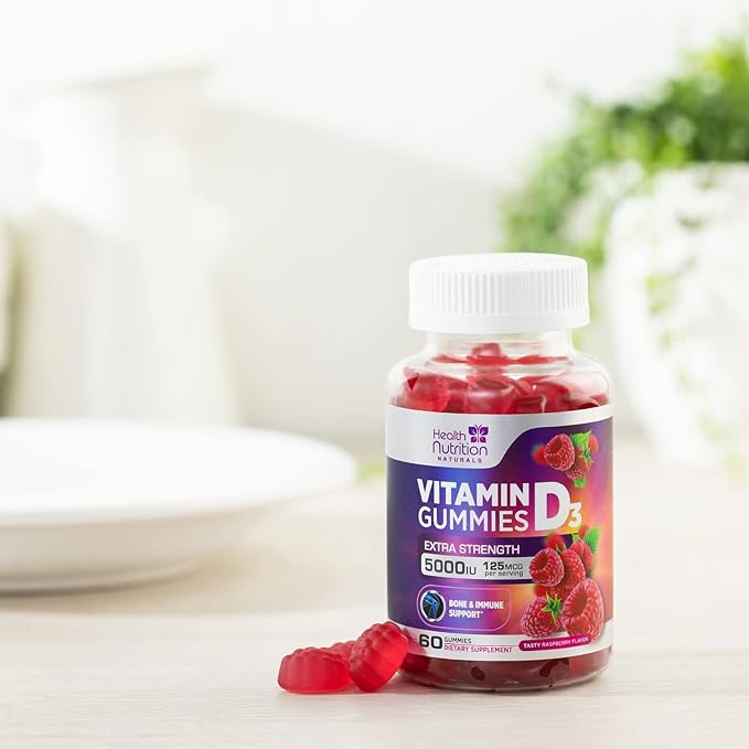 Vitamin D3 Gummies Extra Strength 5000 IU (125 mcg) - Immune Support, Bone, Teeth and Muscle Vitamin D Gummy Dietary Supplement, Nature's Berry Vitamin D Supplement, Raspberry, Non-GMO - 60 Gummies
