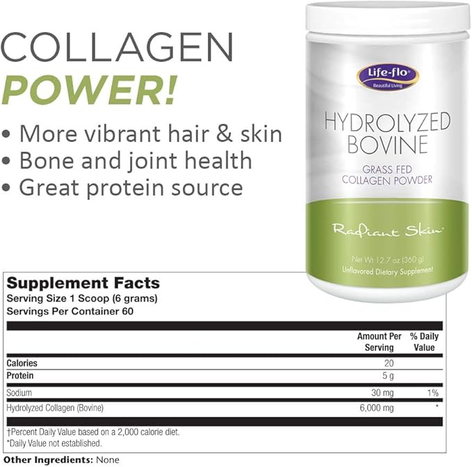 Life-Flo Hydrolyzed Bovine Collagen, Grass Fed | Supports Vibrant Skin & Hair, Bone & Joint Health | 12.7oz, 60 Serv.