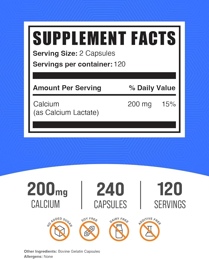 BulkSupplements.com Calcium Lactate Capsules - Calcium Lactate Supplement, 200mg per Serving - 240 Capsules (Pack of 1)