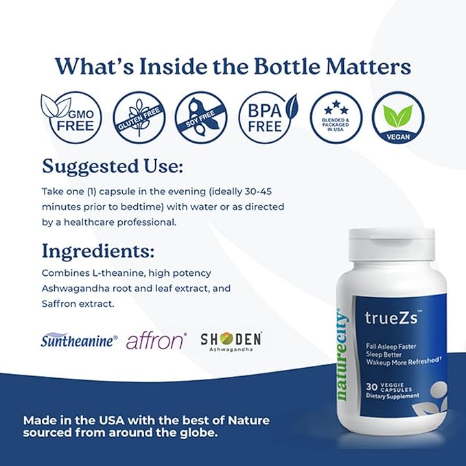 NatureCity TrueZs Melatonin-Free Natural Sleep Aids for Adults - Ashwagandha, L-Theanine, and Saffron Powder Sleep Pills to Support Falling and Staying Asleep (30 Veggie Capsules)