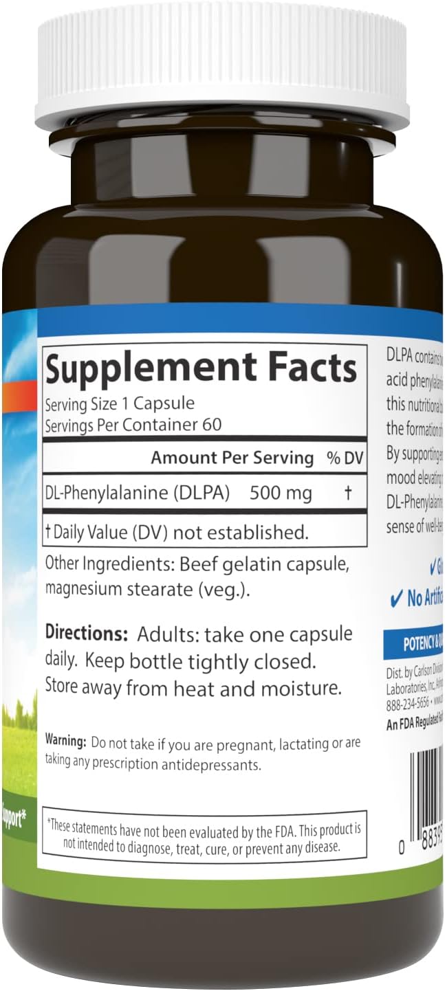 Carlson DLPA DL-Phenylalanine 500 mg Mood, Cognitive & Nervous System Support Supplement - 60 Capsules