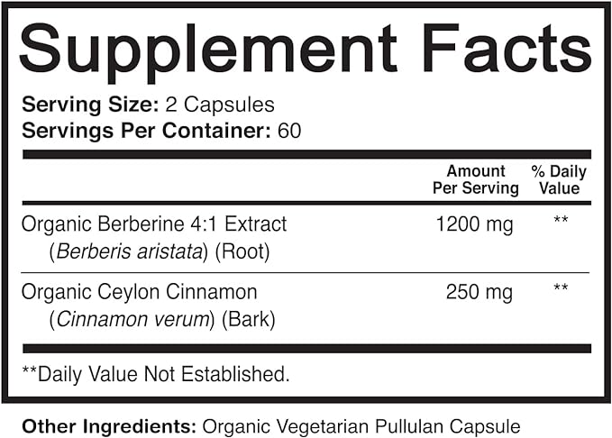 NutriFlair Organic Berberine with Ceylon Cinnamon 1450mg, 120 Capsules