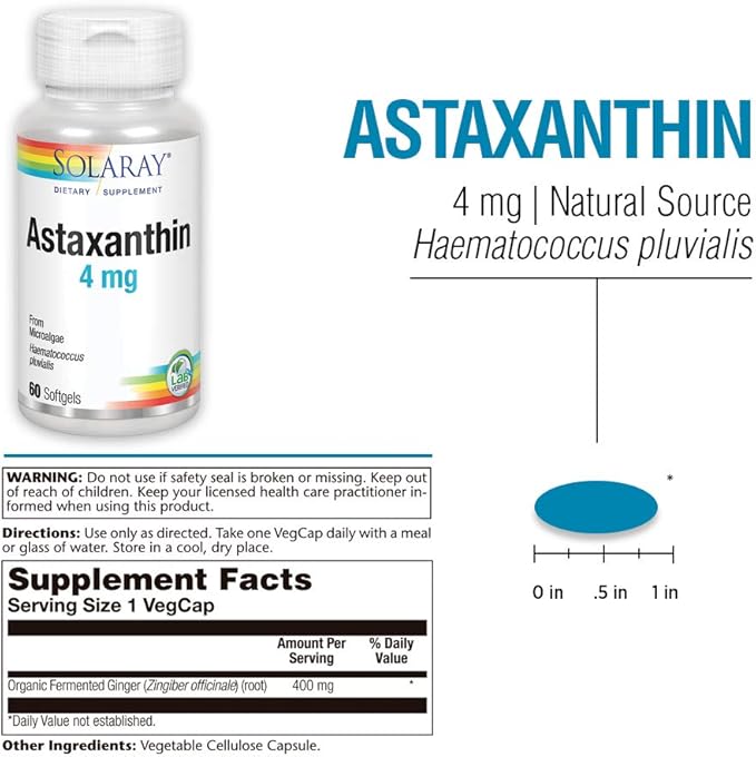 SOLARAY Astaxanthin 4 mg | Antioxidant | Healthy Eye, Skin, Cardiovascular Function & Joint Support | 60 Softgels