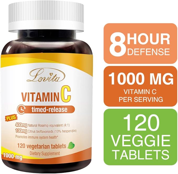 Lovita Vitamin C 1000mg with Bioflavonoids & Rose HIPS, Timed Release Coating, High Potency, Support Healthy Immune Function, 120 Vegetarian Tablets for 4 Month Supply