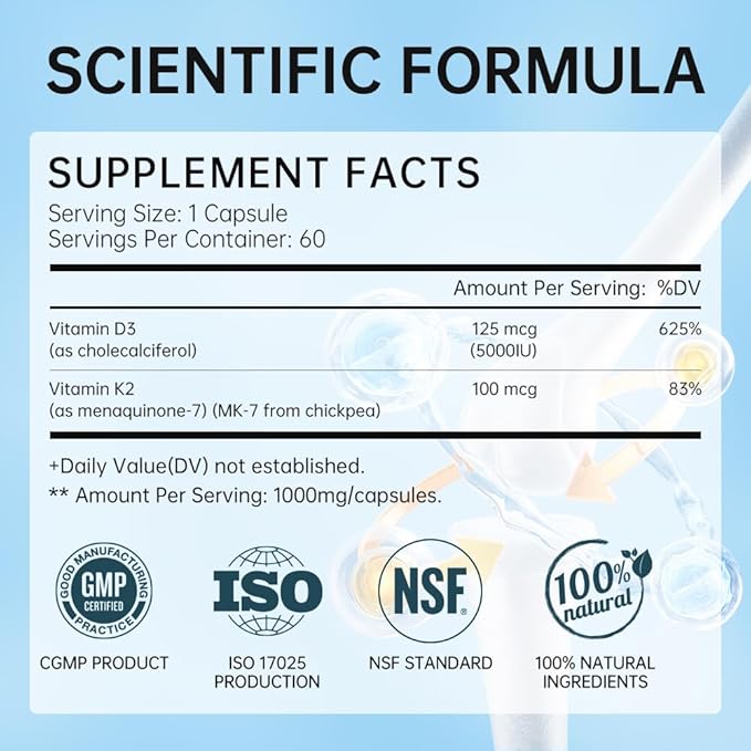 Vitamin D3 K2 Supplement with Vitamin D3 (5000 IU), K2 & MCT Oil - Non-GMO, Gluten-Free, Easy to Swallow Capsules for Bone Health, Heart & Immune Support, 60 Softgels