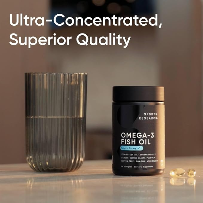 Sports Research Triple Strength Omega 3 Fish Oil Supplement - EPA & DHA Fatty Acids from Wild Alaskan Pollock - Heart, Brain & Immune Support for Adults, Men & Women - 1250 mg Capsules (30 ct)