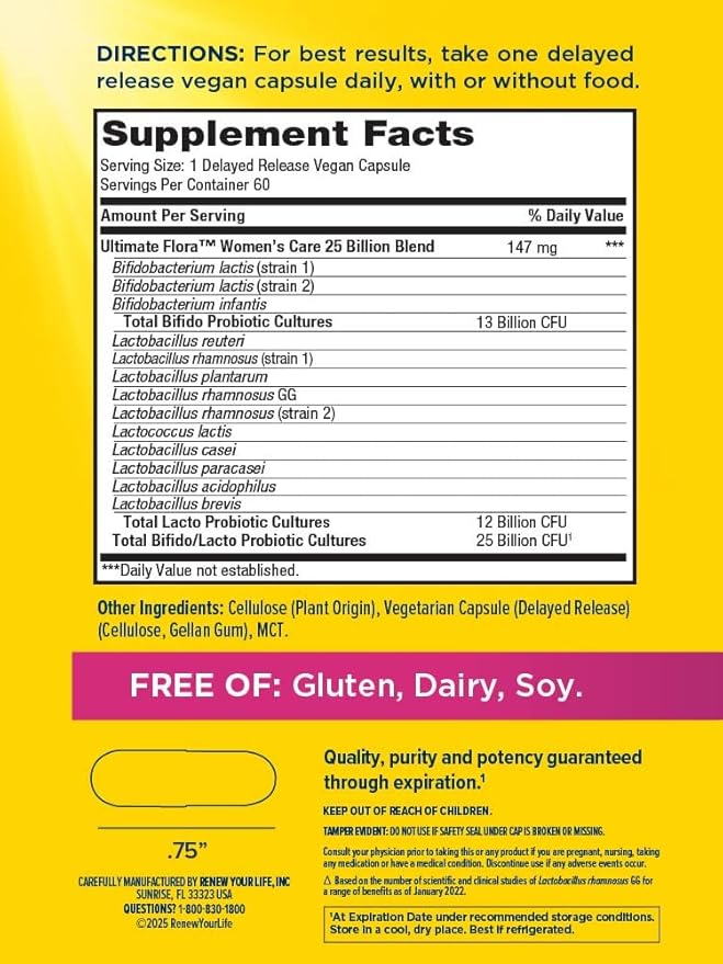 Ultimate Flora Probiotics for Women 25 Billion CFU Delayed Release Vegan Capsules | Vaginal | Digestive Health | Immune Health | Dairy Free | 60 Count