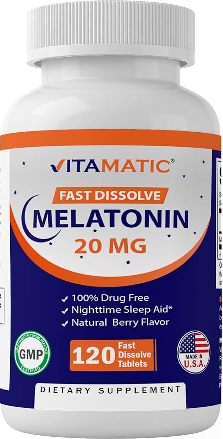 Vitamatic Melatonin 20 mg Tablets | Vegetarian, Non-GMO, Gluten Free | HIGH Potency 20 MG | Natural Berry Flavor 120 Tablets