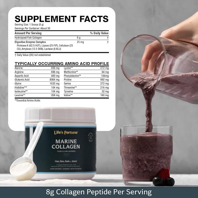Life’s Fortune Pure Unflavored Marine Collagen Peptide Type 1 Supplement for Hair, Skin, Nails & Joints, 30 Servings Powder