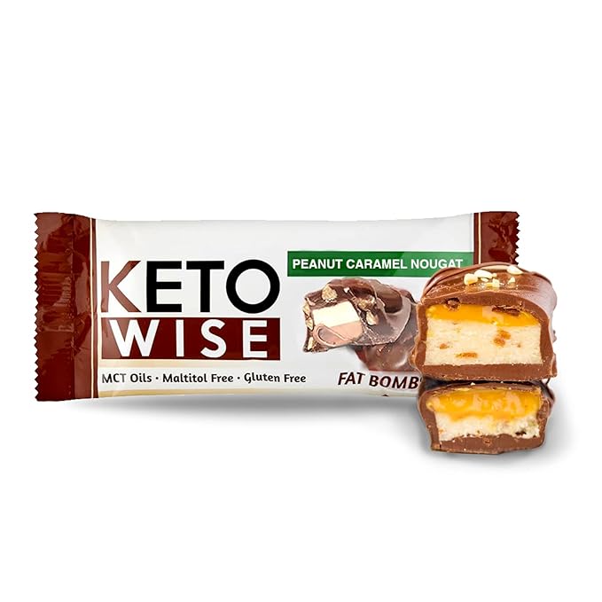 Keto Wise Fat Bombs - Made with Chocolate containing MCT Oil - Low Fat, Low Carb and Keto Friendly Snack - 7g Fat, 2g Net Carbs | Peanut Caramel Nougat, Pack of 16