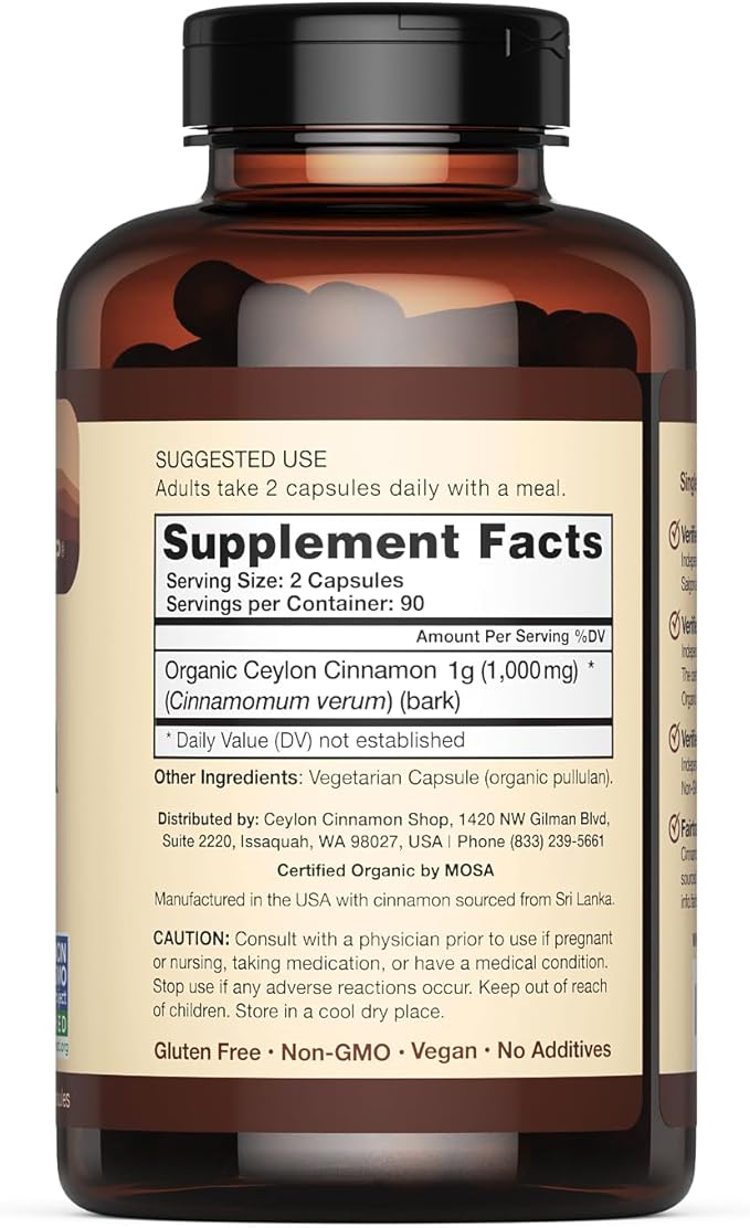 Organic Ceylon Cinnamon (100% Certified) Supplement, 180 Capsules, 3 Month Supply