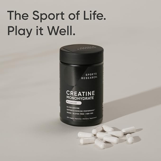 Sports Research® Creatine Monohydrate Capsules - May Support Workout Recovery, Lean Muscle gain, Performance and Strength* - Non-GMO, Vegan Certified - 5g per Servings - 30 Servings
