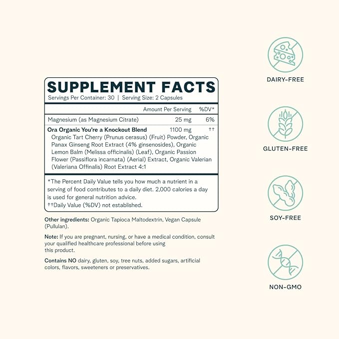 Ora Organic Natural Sleep Aid Supplement Stress Support Calming Herbal Blend with Melatonin from Tart Cherry - Includes Magnesium Citrate, Valerian Root, and Lemon Balm - 1 Month Supply, 60 Capsules