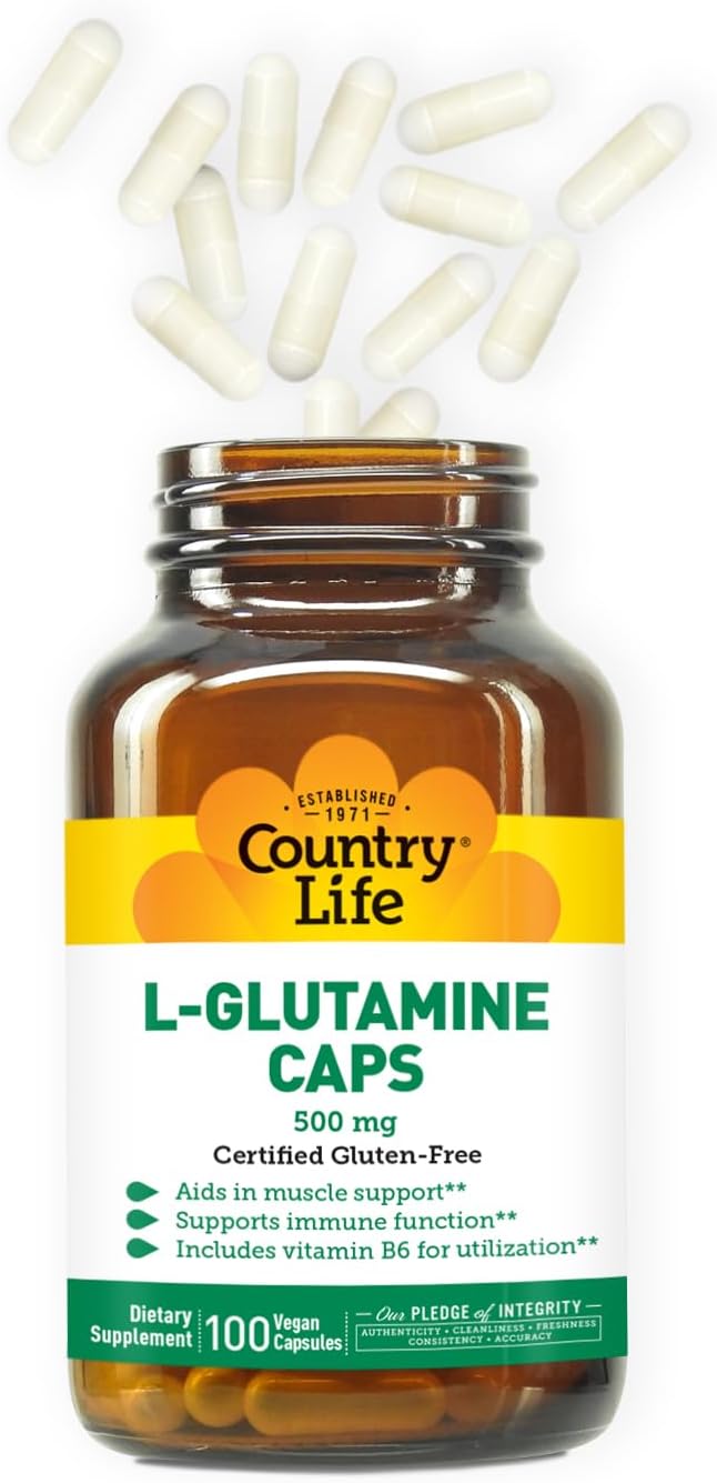 Country Life L-Glutamine 500 mg with B6 – Supports Muscle Recovery, Endurance & Athletic Performance – Vegan, Gluten-Free, Kosher Amino Acid Supplement – 100 Capsules