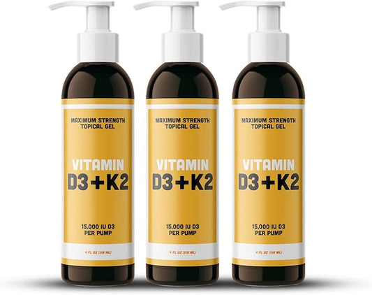 Vitamin D3 K2 Maximum Strength Topical Gel - 15000+ IU Per Pump - The Sunshine Vitamin - Supports Bone & Joint Health, Immune Support - One Month Supply