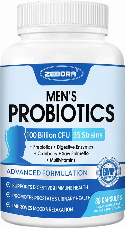 ZEBORA Probiotics-for-Men 100 Billion CFU, Men's Probiotics for Gut Health, Prebiotics + Enzymes + Saw Palmetto + Cranberry, Daily Probiotic Supplement for Digestive Health, Prostate, 89 Caps