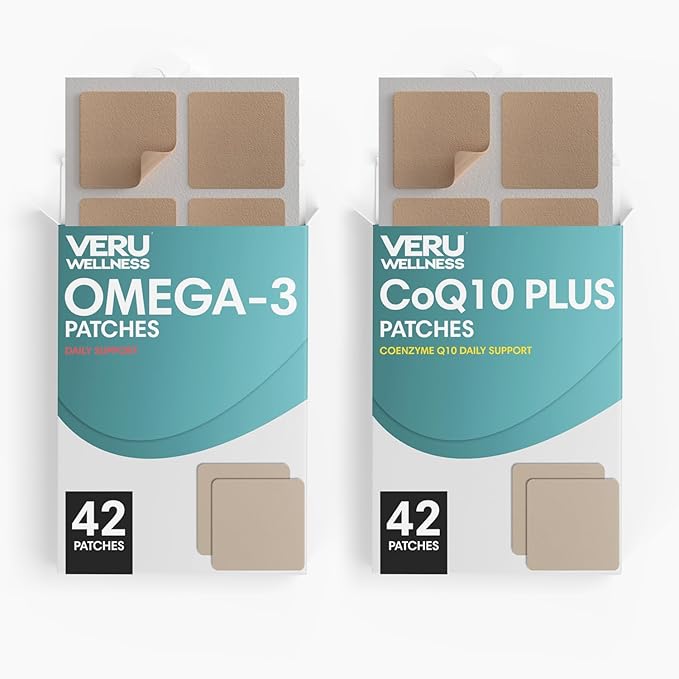 Veru Wellness Cardiovascular & Brain Strength Duo Lifestyle Patches Omega3 Coenzyme Q10 - Self Adhesive Time Release Topical Patch, 8-10 Hours (42 Day Supply)