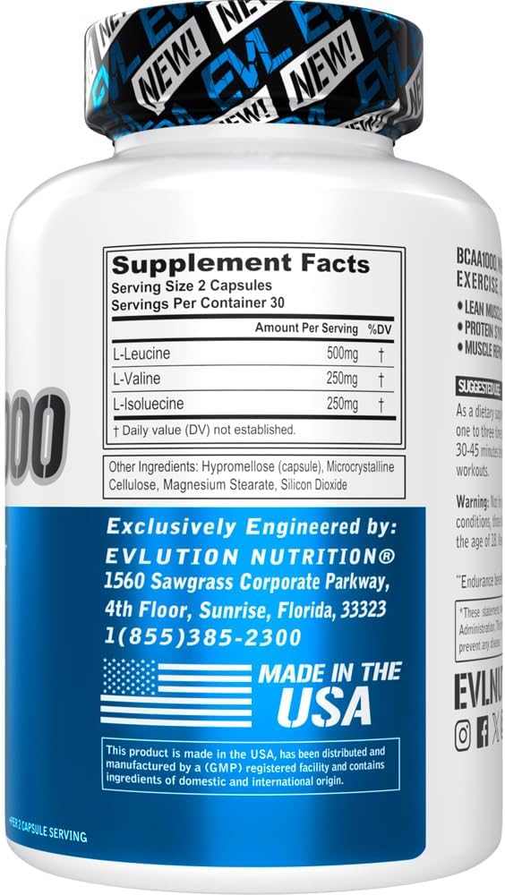BCAAs Amino Acids Supplement for Men - EVL 2:1:1 5g Capsules for Post Workout Recovery and Lean Muscle Builder for Men - BCAA1000 Branched Chain Amino Acids Nutritional Supplement - 30 Servings
