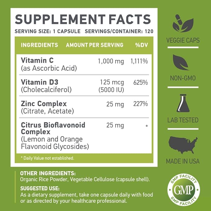 | C D Z | Vitamin C, 1000mg | Vitamin D3, 125mcg | Zinc, 25mg | Non-GMO & Gluten Free | 120 Vegetarian Capsules | 120 Servings