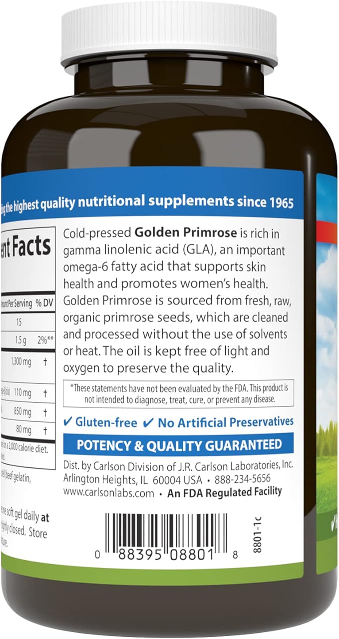 Carlson - Golden Primrose, 1300 mg Evening Primrose Oil, Cold-Pressed, Healthy Skin, Women's Health & Optimal Wellness, 90 Softgels