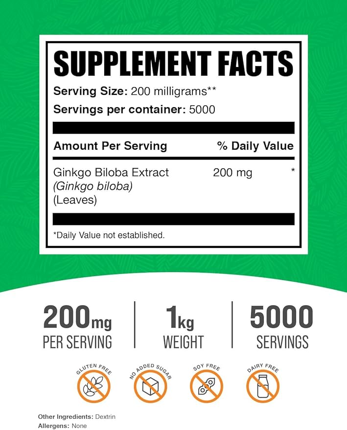 BulkSupplements.com Ginkgo Biloba Extract Powder - Ginkgo Biloba Supplements, Ginkgo Biloba Powder, from Ginkgo Biloba Leaf - Gluten Free, 200mg per Serving 1kg (2.2 lbs) (Pack of 1)