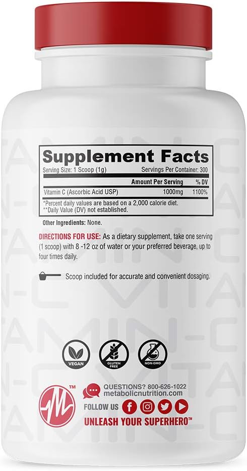Metabolic Nutrition Vitamin C, 1000mg, Pure Pharma Grade, High Absorption Ascorbic Acid (300 g)