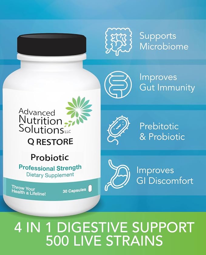 Advanced Nutrition Solutions Q Restore Probiotic - Supports Gut microbiome. Beneficial 4 in 1 probiotic, prebiotic and enzymes in one. for Men & Women 120 caps
