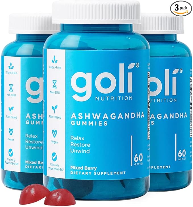 Goli Ashwagandha & Vitamin D Gummy - 180 Count - Mixed Berry, KSM-66, Vegan, Plant Based, Non-GMO, Gluten-Free & Gelatin Free Relax. Restore. Unwind, Pack of 3