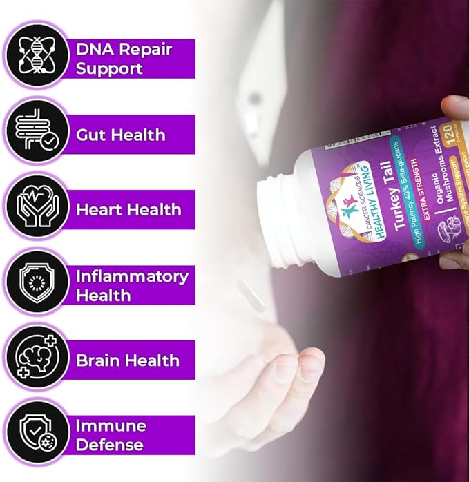 CANCER SCIENCES Turkey Tail Wellness Mushrooms Supplement, USDA Certified Organic Extract, Extra Strength 1,500 mg, High Potency 40% Beta-Glucans, Gut & Immune Support, Natural Digestive, 120 Capsules