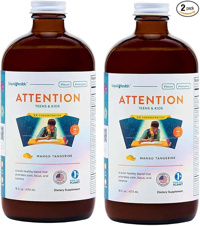 LIQUIDHEALTH Attention, Liquid Multivitamin for Kids & Teens - Improves Memory Retention, Concentration, Focus, Mood, Relaxation & Calming - Made in The USA, Great Taste, Vegan, Sugar-Free (2 Pack)
